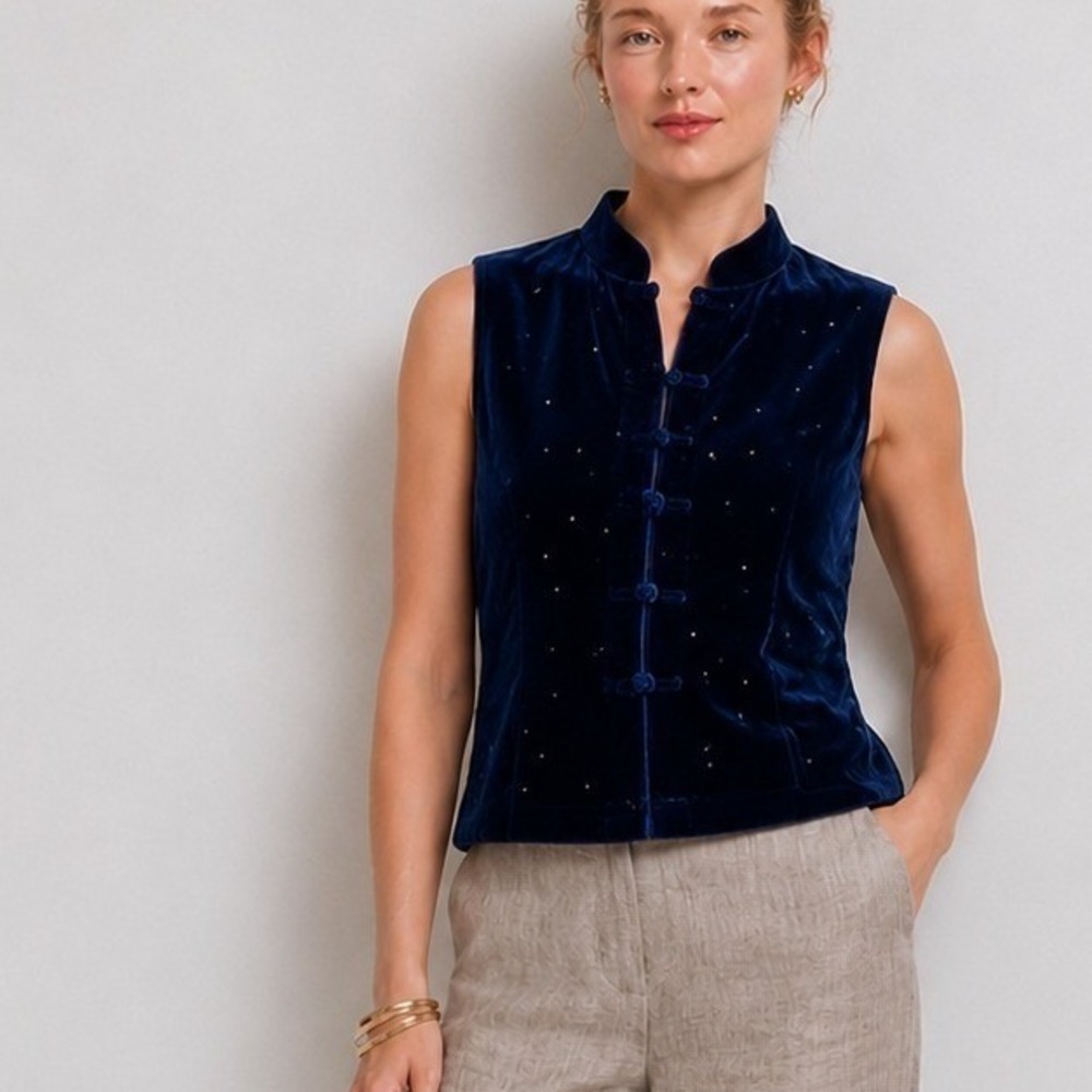Vintage Ralph by Ralph Lauren Navy Silk Blend Velvet Beaded Mandarin Vest Medium